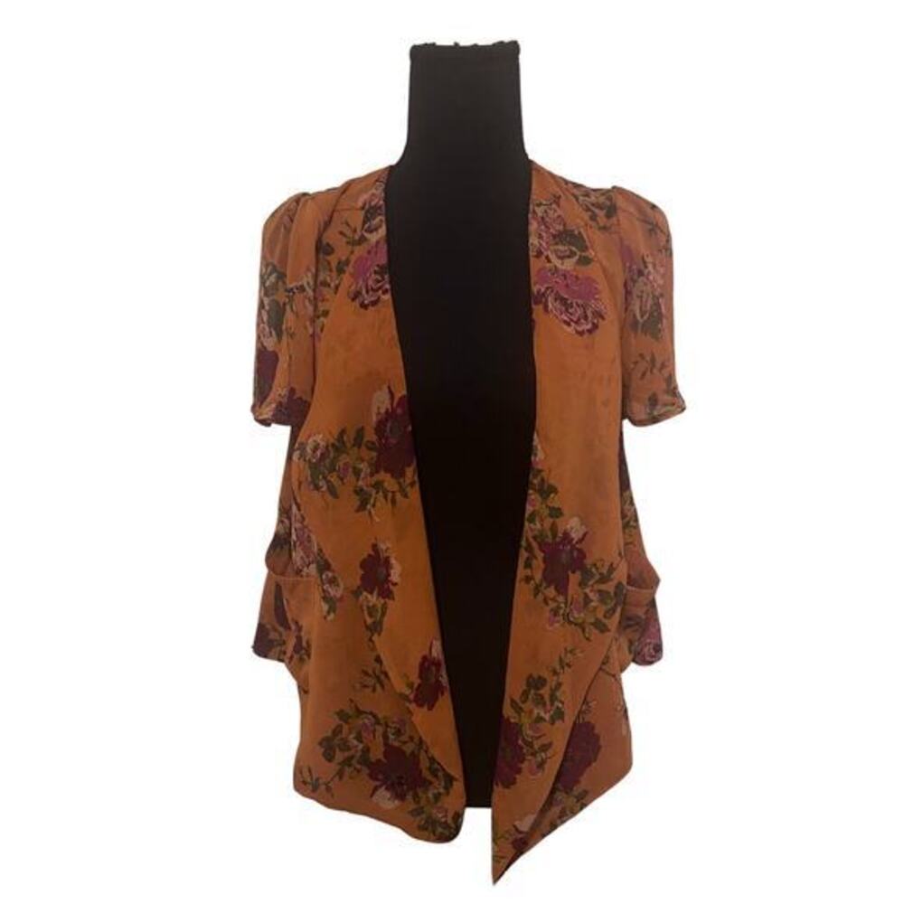 Burnt Orange Floral Print Short Flutter Sleeve Jacket Blouse Top - M